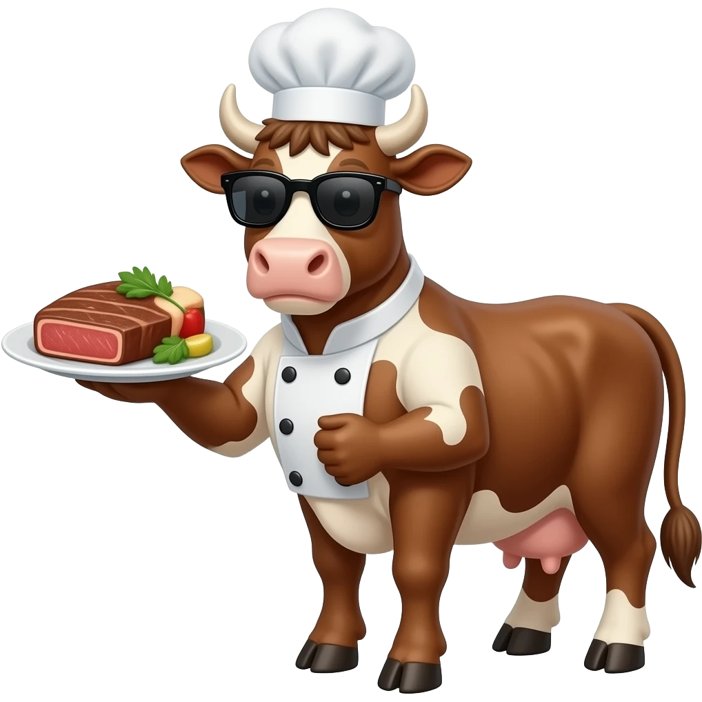 a  cool male brown cow with chef hat sunglasses serving you a steak emoji