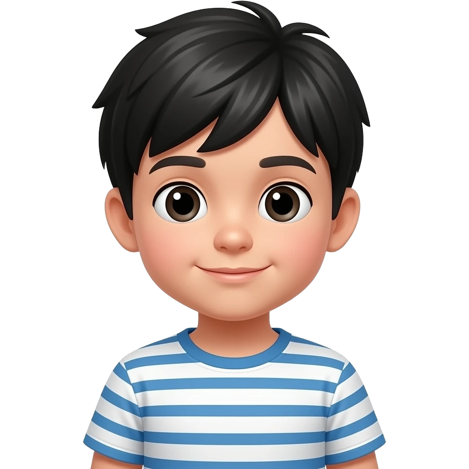 innocent kid with black hairs wear a whtie and blue stripe emoji