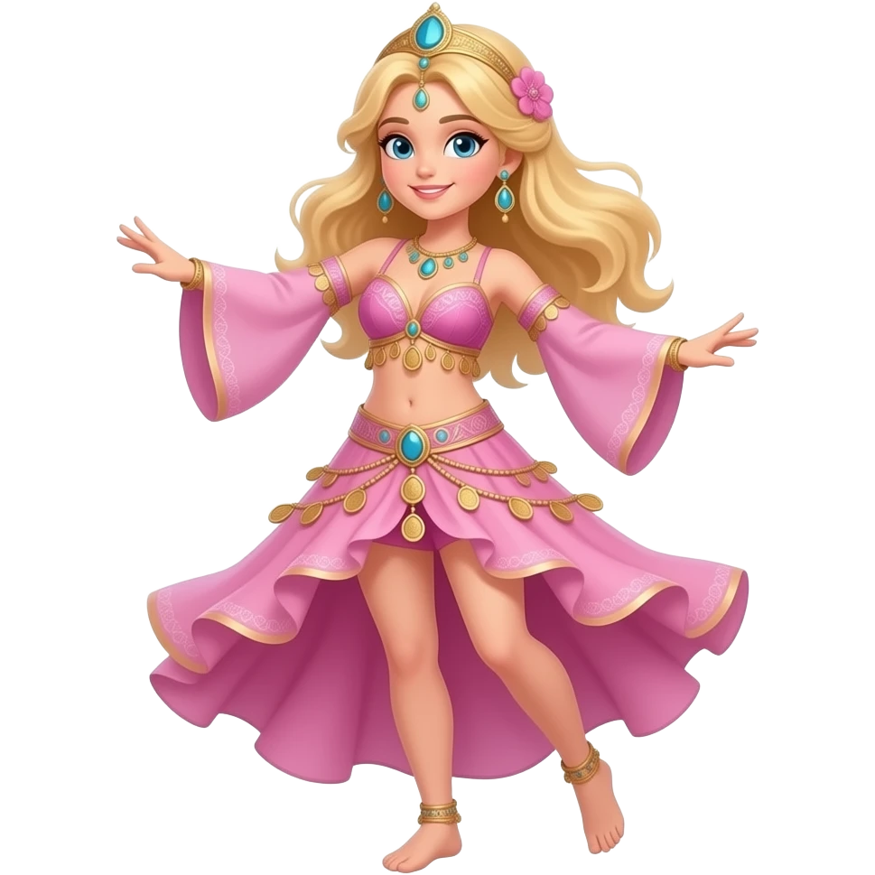 девушка с блондом волосами танцует восточные танцы в розовом костюме восточном отдельно топ и и короткая юбка с монетами emoji