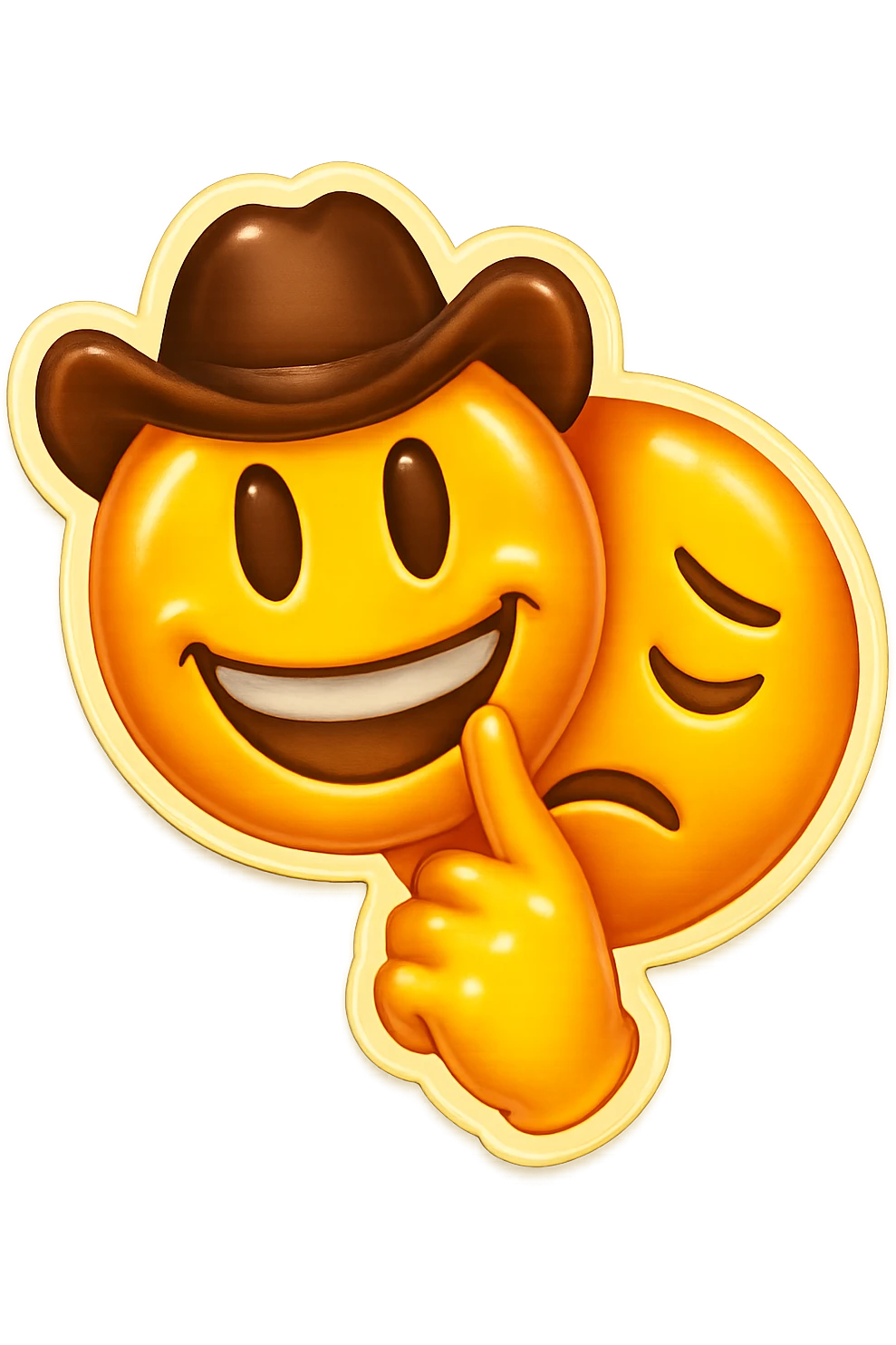 A sad emoji holding a happy face mask in front of its face, mostly hidden behind the happy mask which is held up by a hand. The style is similar to the reference image with clear contrast between the sad and happy expressions, in retro stickers style. emoji