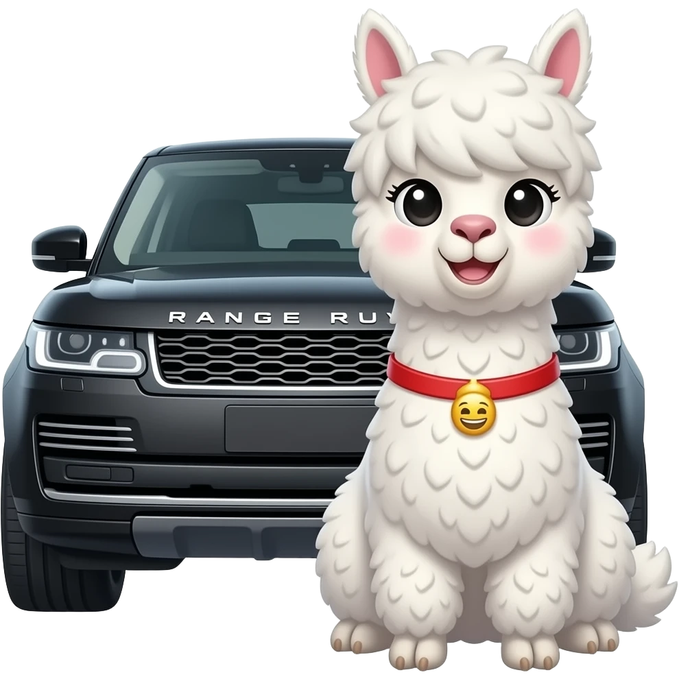 Alpaca emoji styled hair please white  realistic alpaca funny face nobut cute with nice hair full body sat next to black range rover car cahnge the alpaca thata alpaca id so fake i dint like it emoji