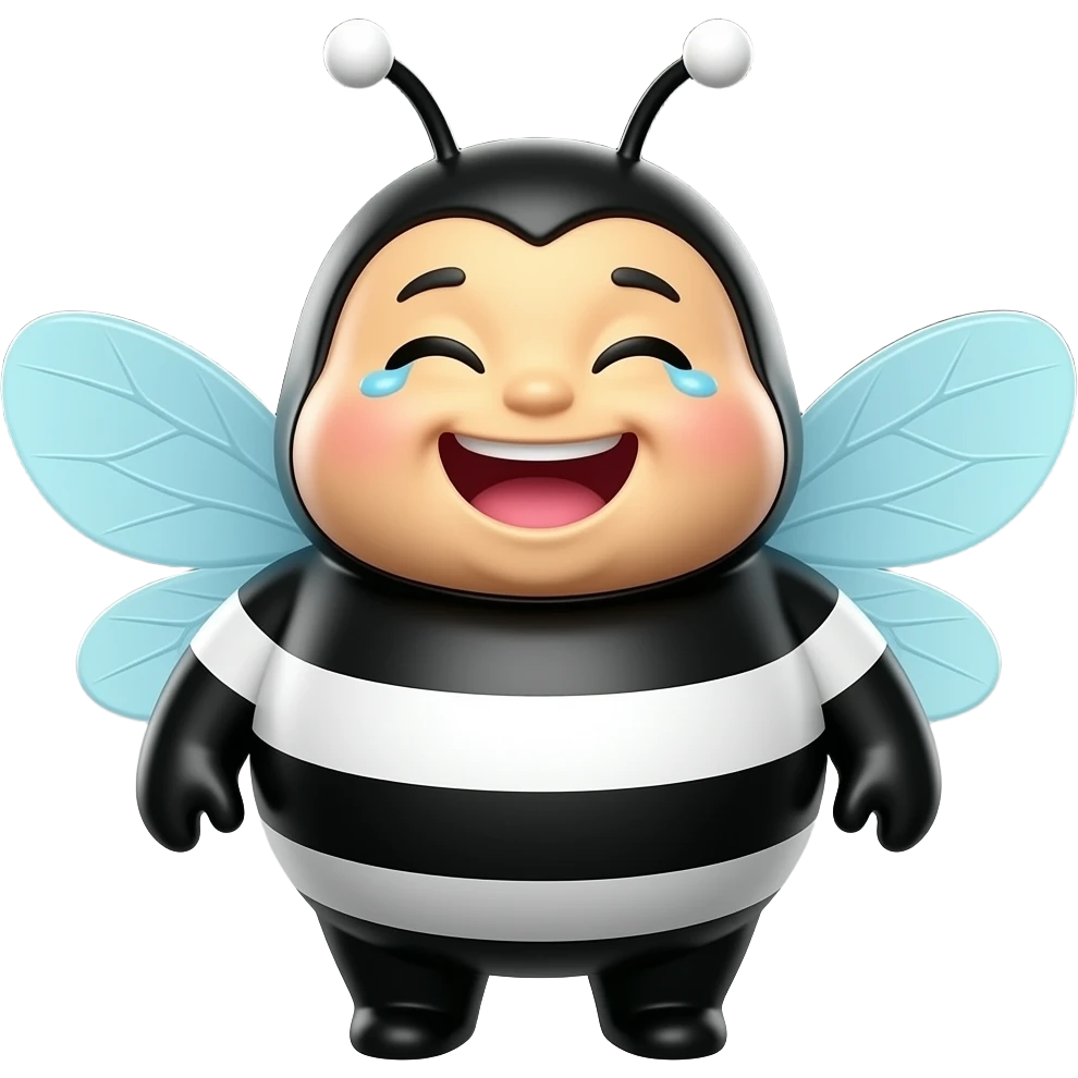 3D cartoon bee emoji, rounded chubby body, black and white stripes, eyes closed laughing, tears of joy, big open smile, light blue transparent wings, black antennae with white round tips, smooth shiny surface, black background emoji