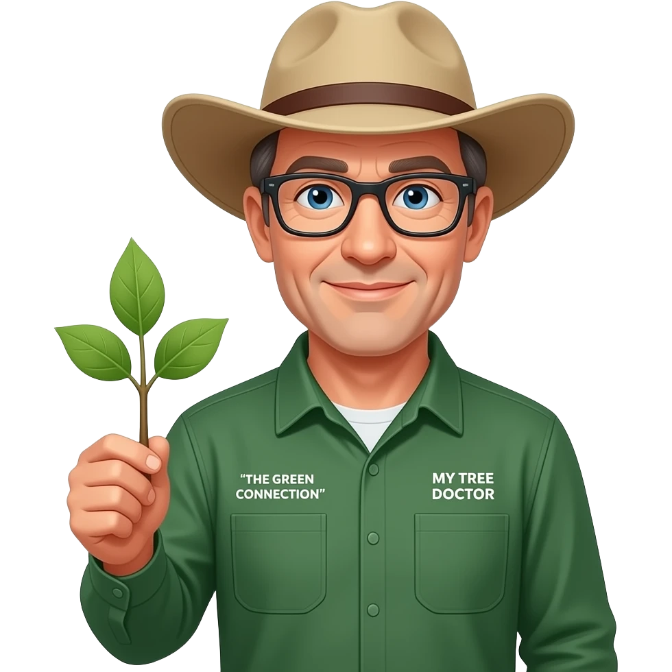 middle-aged man blue eyes. Dark rectangle glasses, in a green-collared, long-sleeve shirt.  Flatter wider-brim Australian Akubru hat. Holding a small sapling tree. Insert 'THE GREEN CONNECTION' in white directly onto the left pocket & onto the right pocket, place only the words 'MY TREE DOCTOR' emoji