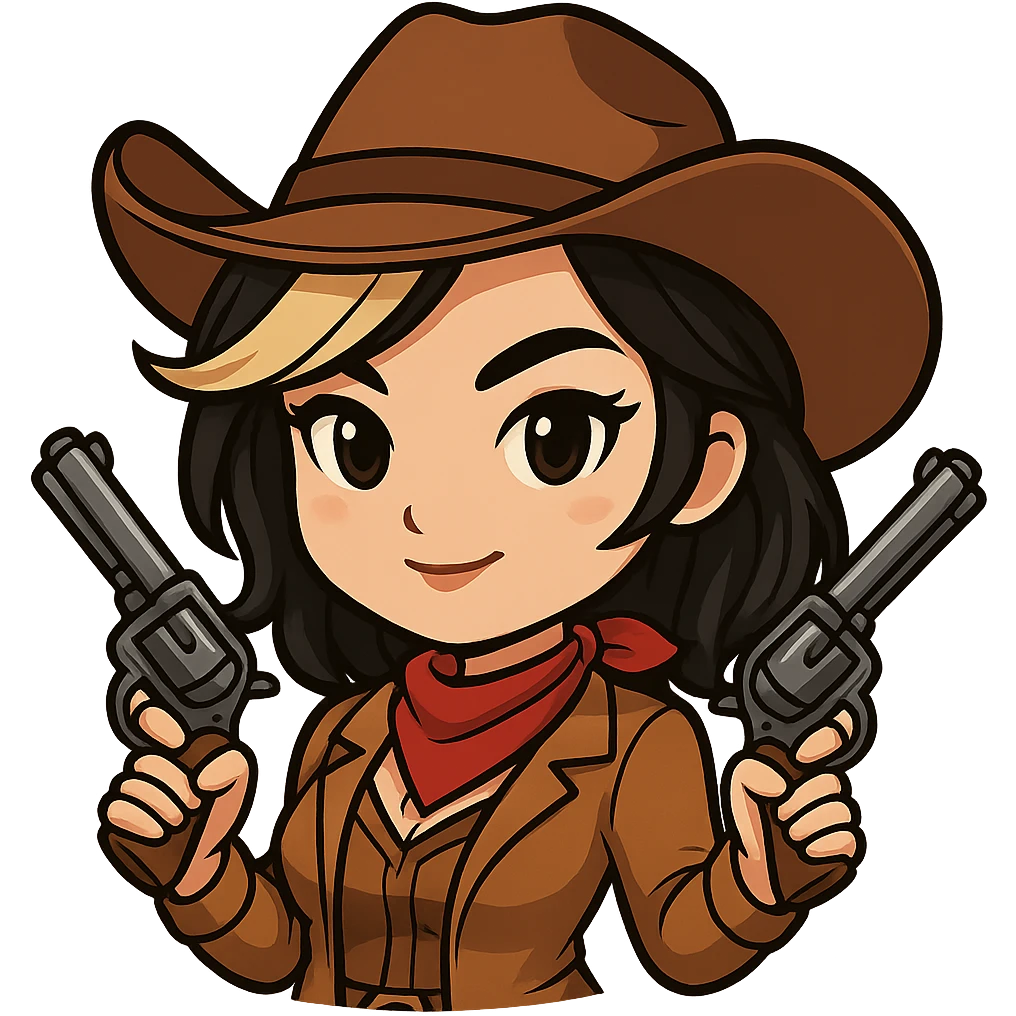 Edit this chibi cowgirl to have slightly longer hair with a visible blonde streak. Keep the cowboy hat, western outfit, two revolvers, confident pose, and chibi/anime style. Transparent background, sized for Twitch or Discord use. emoji