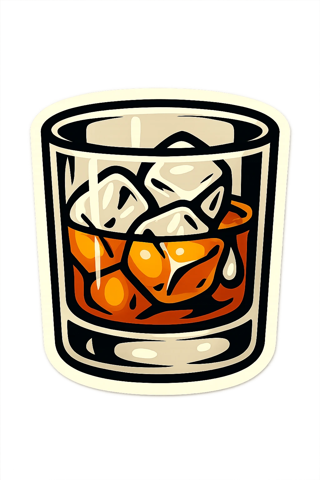 whiskey glass with several ice cubes and a drop on the glass, retro stickers style, clear black outlines, expressive shadows and highlights, no gradients, only sharp color transitions emoji