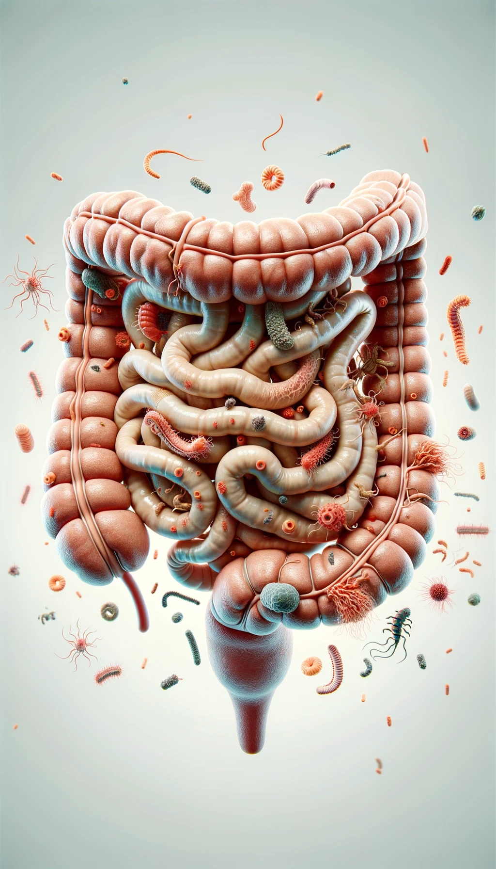 INTESTINO UMANO ANATOMICO REALISTICO CIRCONDATO DA PARASSITI E BATTERI INTESTINALI, IPERREALISTICO 4K, sfondo chiaro neutro emoji