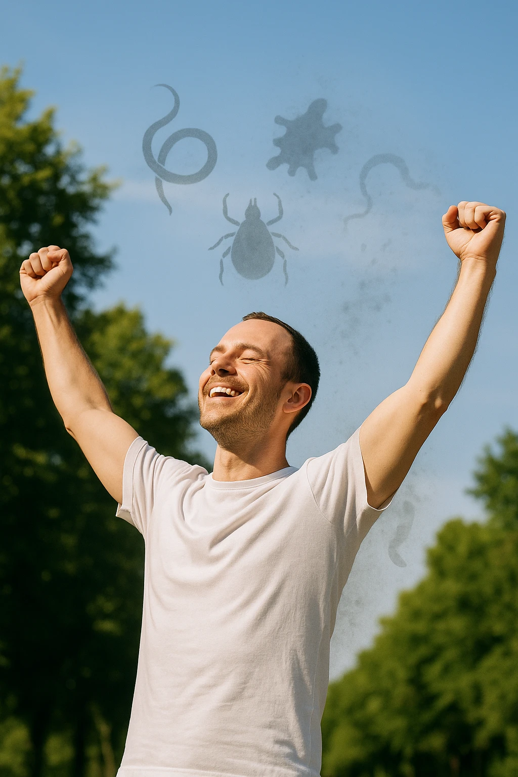 a man stands outdoors in bright sunlight, arms raised in relief and joy, while faint, shadowy silhouettes of parasites fall away from his body and dissolve into the air. His posture is upright and energetic, his expression serene and healthy. The background features green trees and a clear sky, emphasizing liberation and restored well-being. emoji
