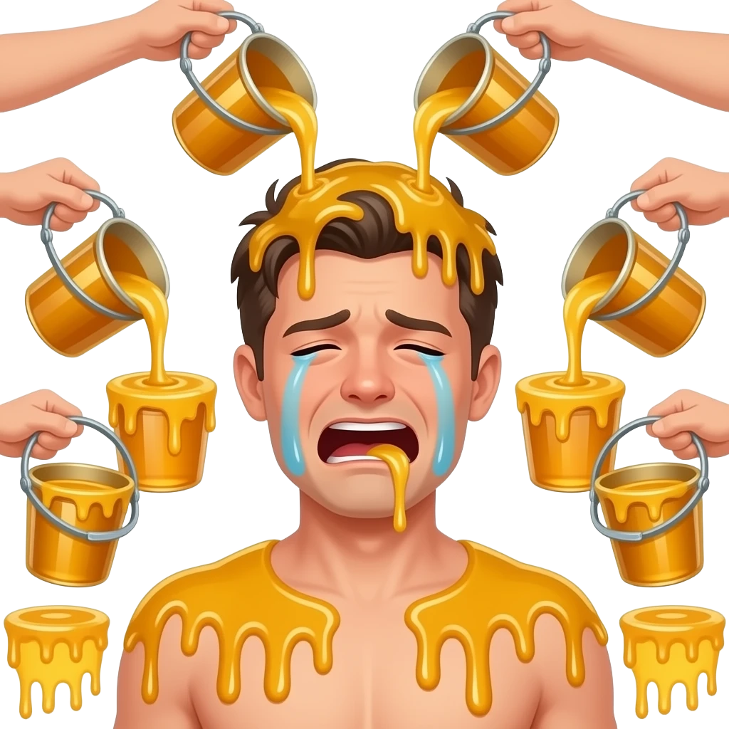 guy crying with way more honey being poursed into his mouth. others laugh around him while they pour buckets and buckets of honey and its sticky and its in his hair. There are one hundred people all with their own tub of honey pouring it all over his body emoji