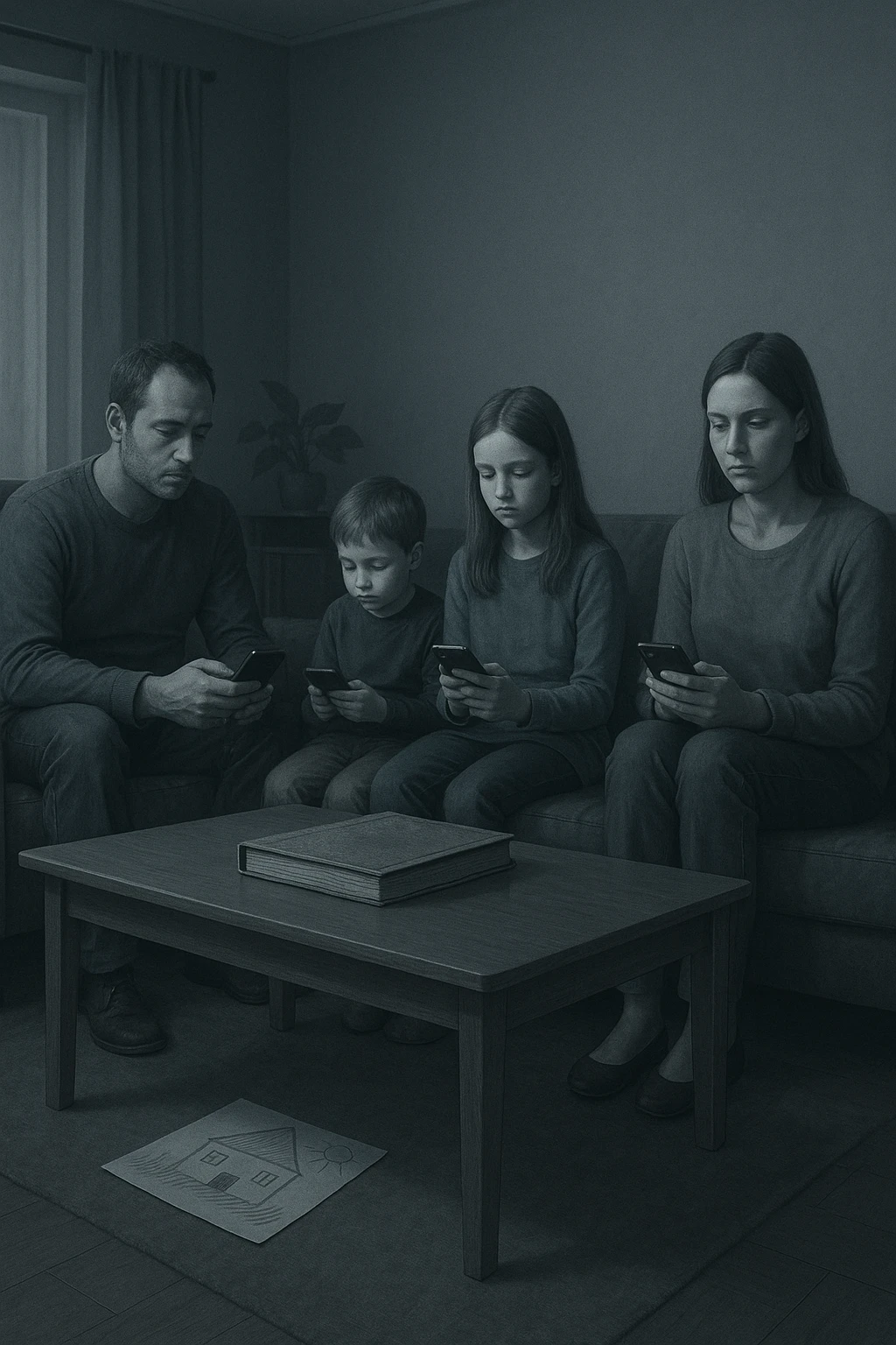 Famiglia composta da padre, madre e uno o due figli seduti nello stesso ambiente domestico (salotto o tavola da pranzo), ma ciascuno è assorto nei propri pensieri, con espressioni spente e distaccate. Nessuno si guarda o sorride. I colori dell’ambiente sono freddi e grigi, la luce è debole. Intorno a loro, simboli di disconnessione: telefoni in mano, TV accesa ma ignorata, silenzio. L’atmosfera è visivamente carente di calore emotivo. Nessun contatto fisico, postura rigida. Un dettaglio visivo come un album di foto chiuso sul tavolo o un disegno dei figli dimenticato sul pavimento accentua la mancanza di dolcezza e unione emoji