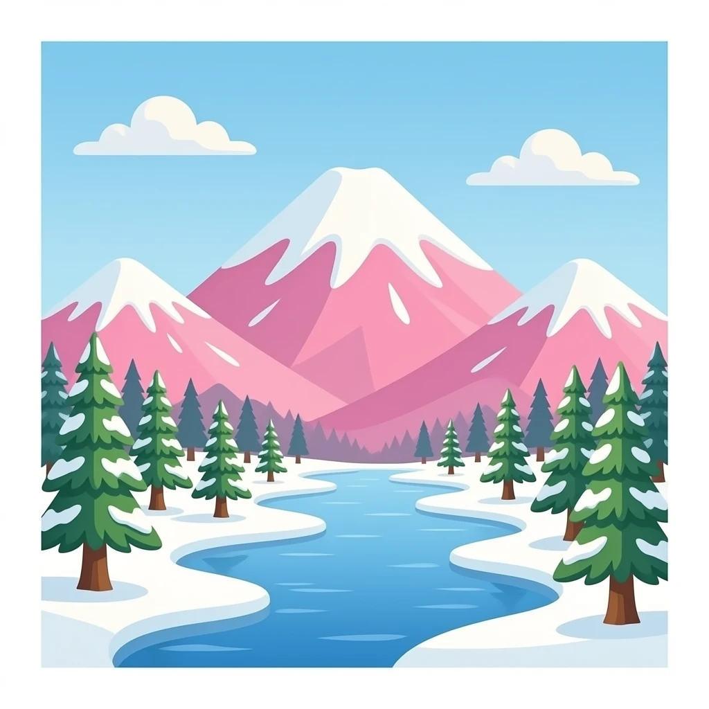 Pink Japan snowy mountains with trees and water emoji