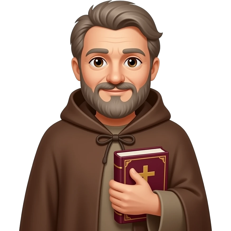 wise old man with grey brown hair and beard brown long sleeve cloak slight smile brown eyes with burgundy book with cross on it emoji