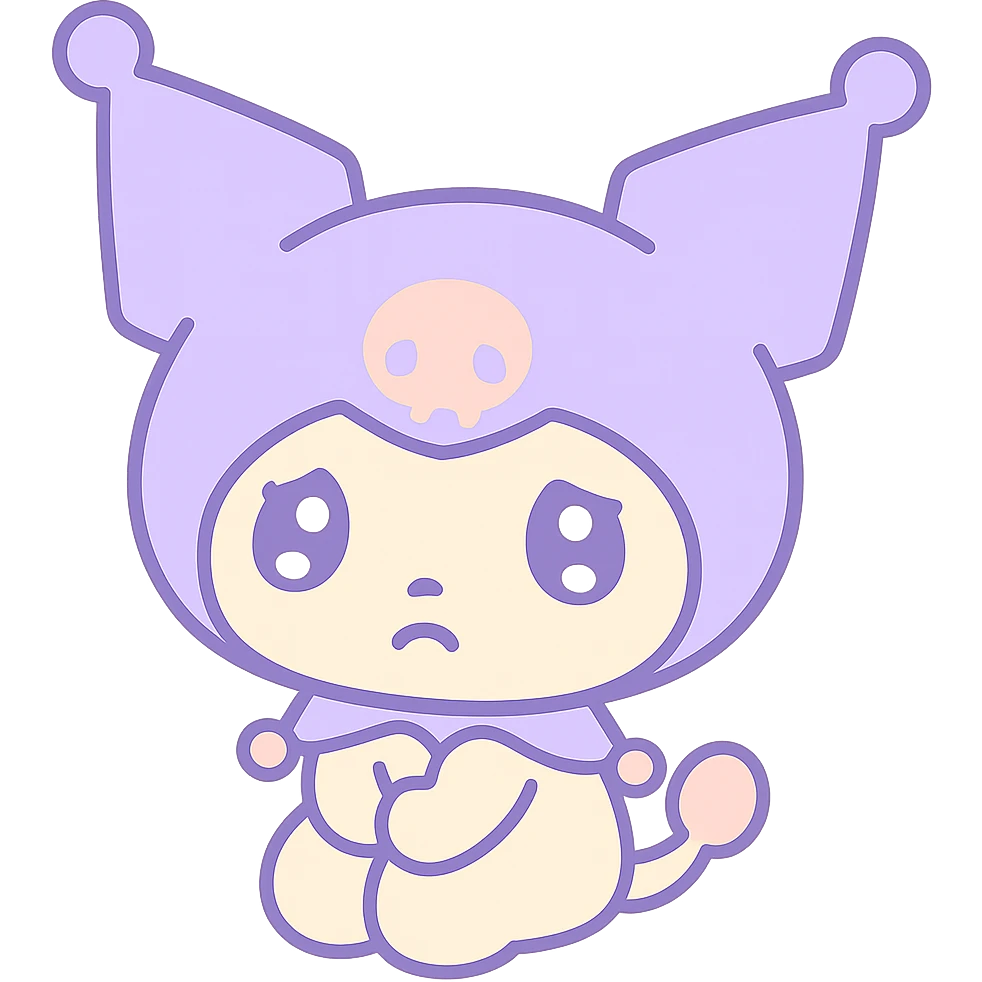 Kuromi sad, kawaii style, transparent background, shiny eyes and pout emoji