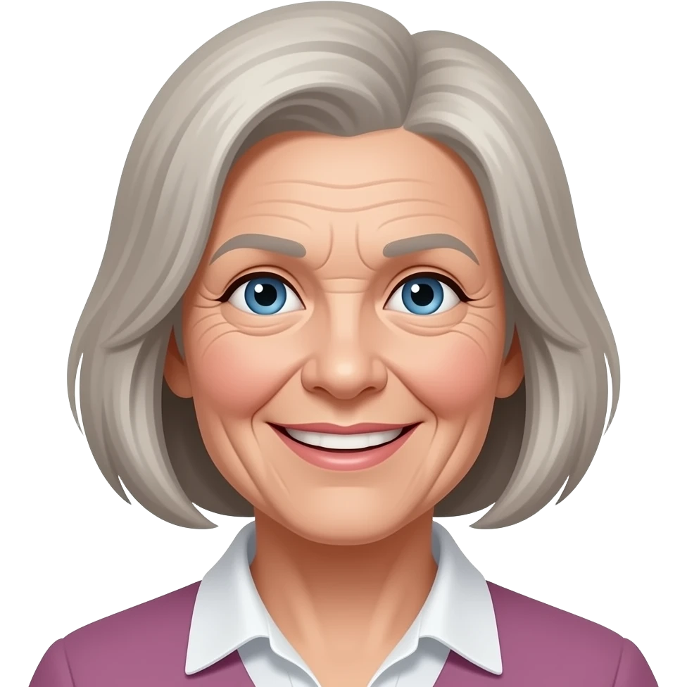 Elderly smiling woman with smaller blue eyes no bangs gray blond hair medium bob and wrinkles emoji