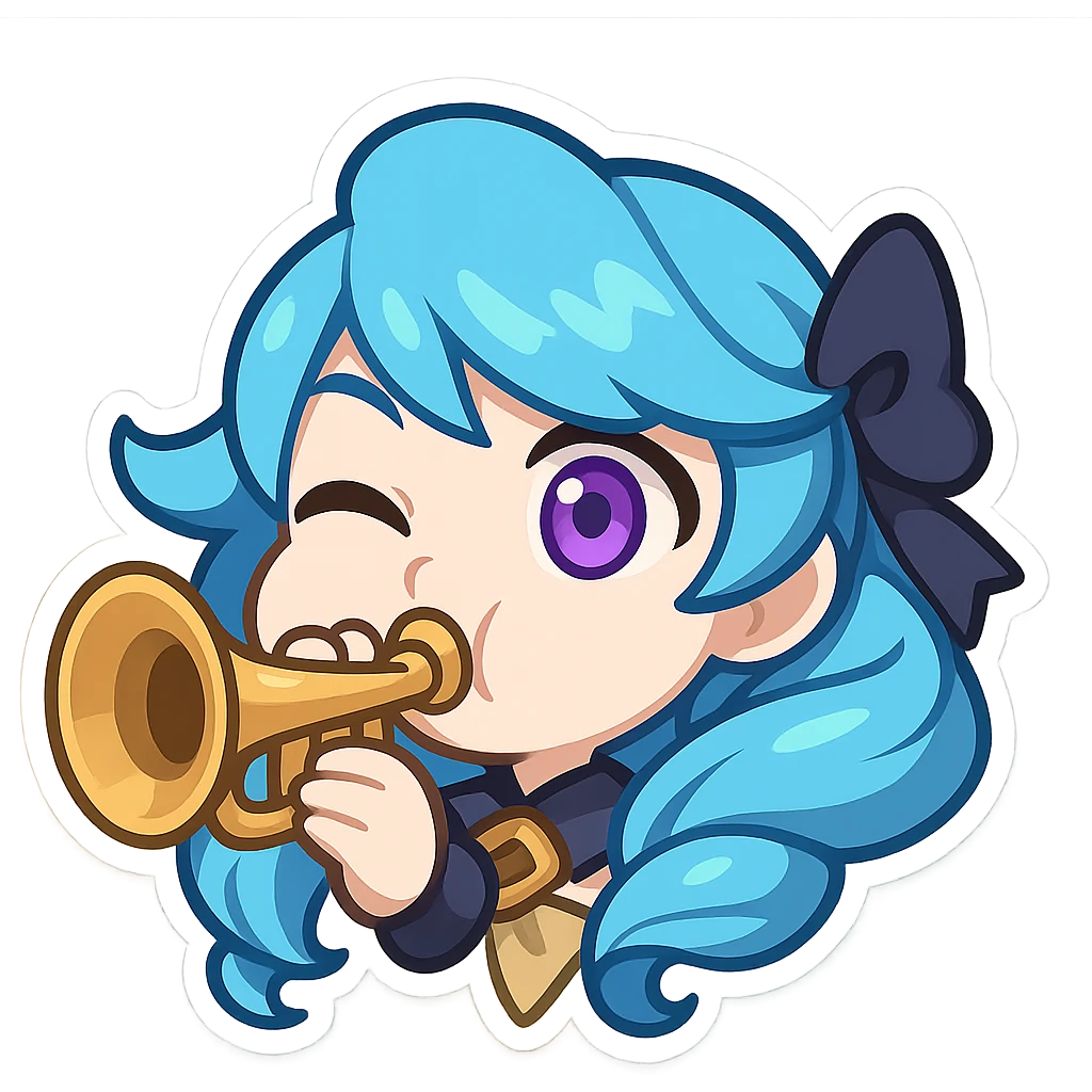 chibi style emote of Gwen from League of Legends, just the head, right eye purple, playing a trumpet, cheeks puffed emoji
