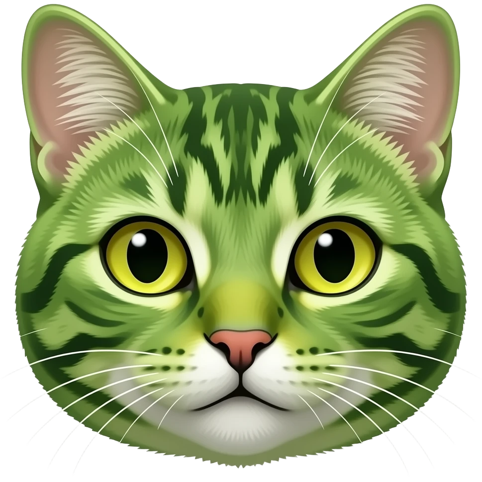 A male mountain dew green tabby cat head with bright yellow eyes emoji