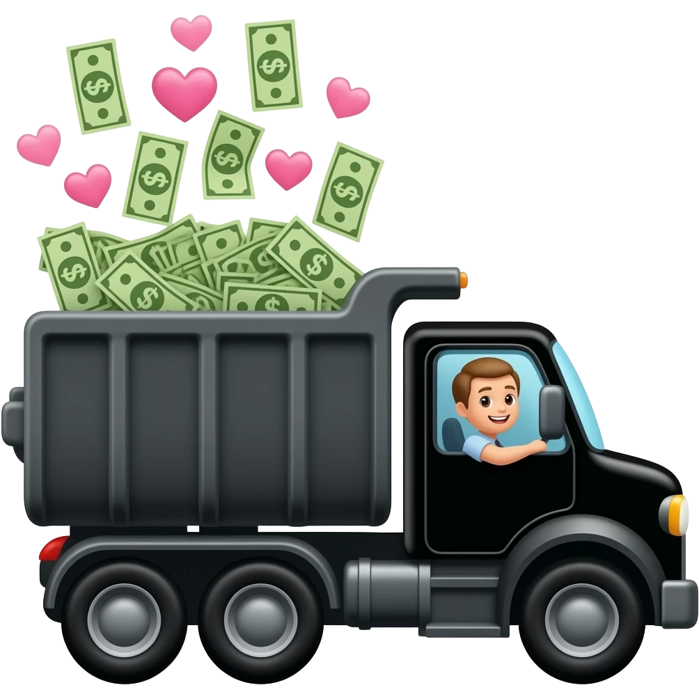 Black dump truck carrying money with hearts and with a driver   emoji