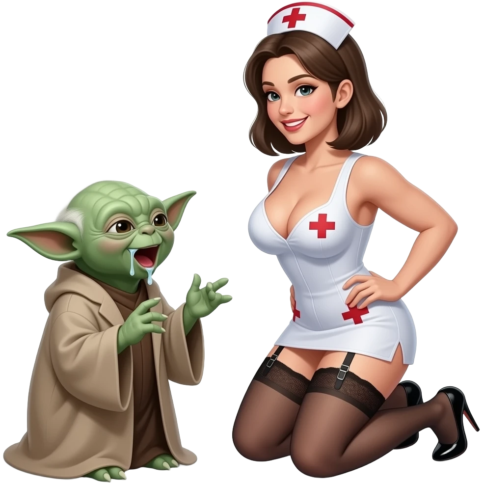 Yoda with a large breasted nurse,thin and athletic build  smiling wearing garter belt, stiletto heels, kneeling and facing yoday, low cut cleavage, mouth wide open drooling emoji