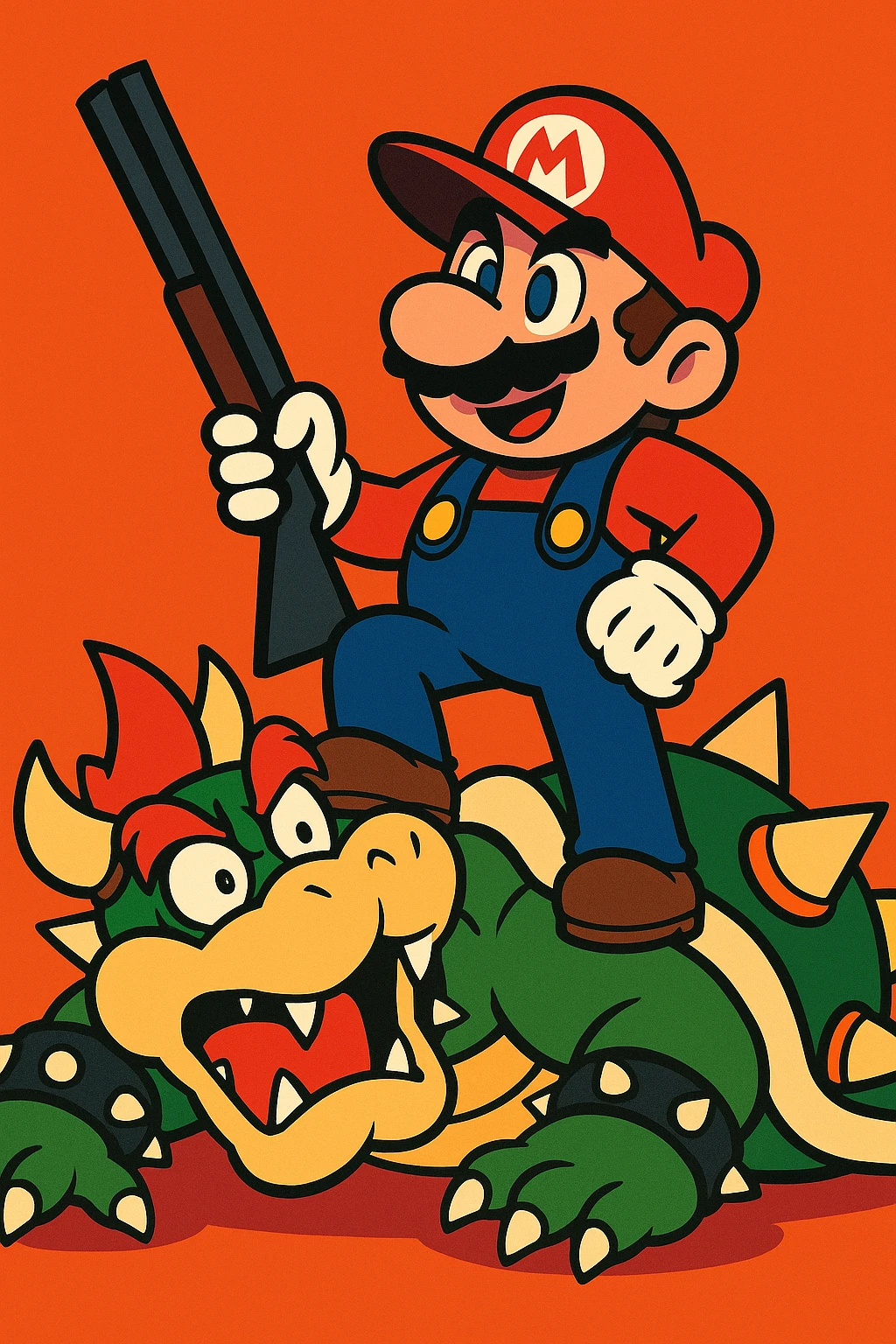 Mario standing over Bowser with a shotgun, victorious pose, Bowser looking surprised, bold cartoon style emoji