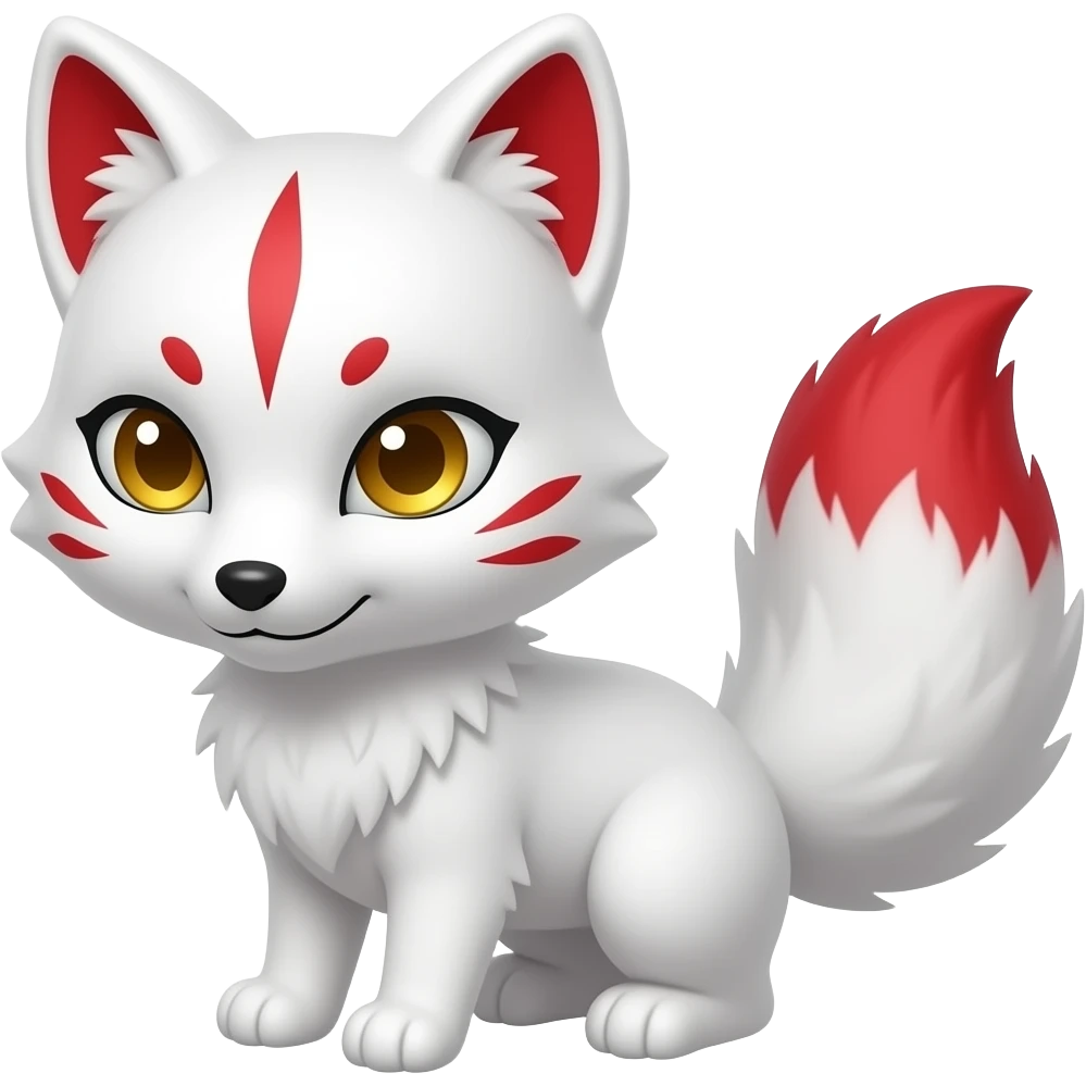 A white one-tailed Kitsune (Fox Form,) with red accents on his face, (two on each cheek and a single one on his forehead,) red on the inside of his ears, and pale golden eyes. Pure white paws,and a red tail tip. emoji