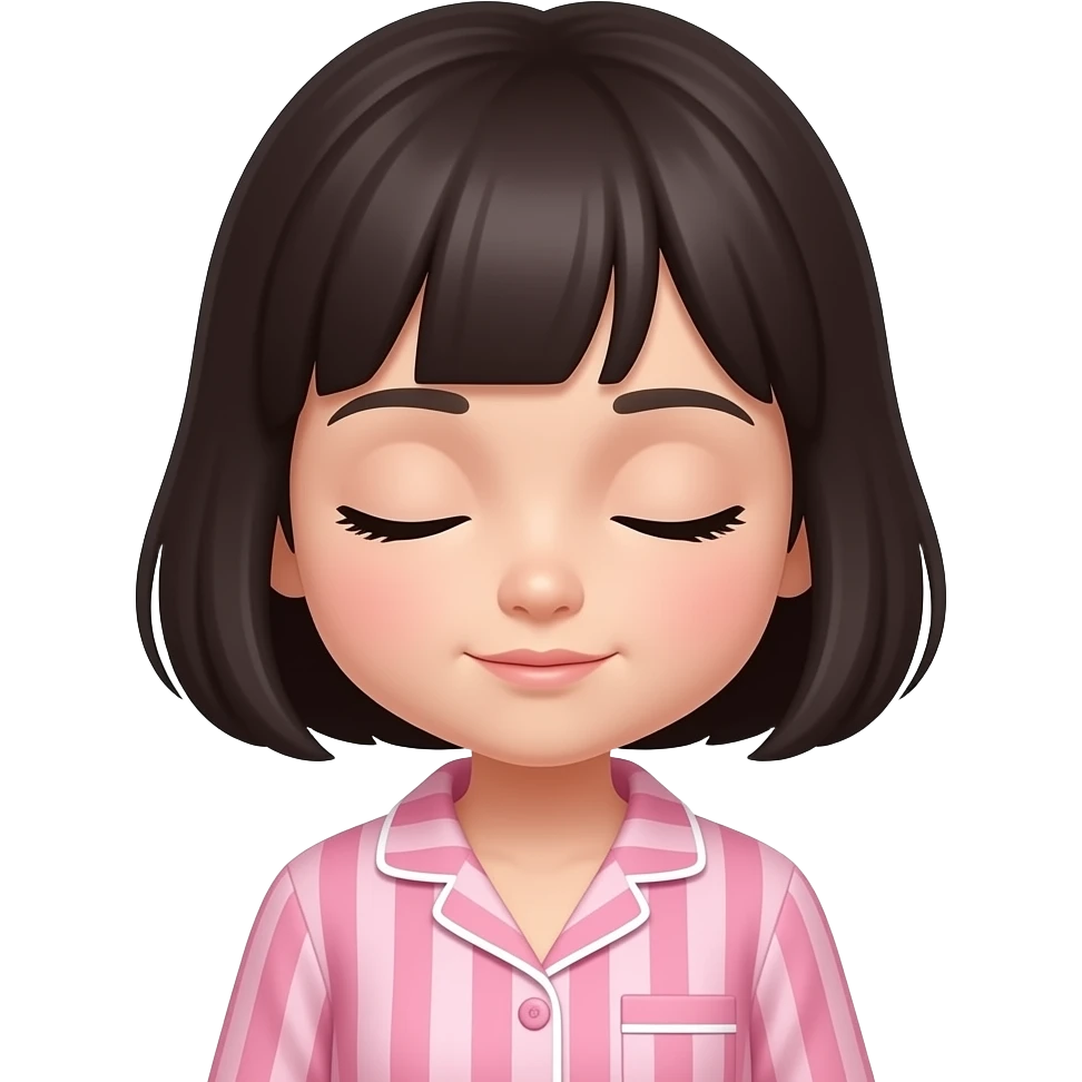chica de cabello oscuro y corto sin accesorios, con una pijama color rosa con rayas, durmiendo emoji