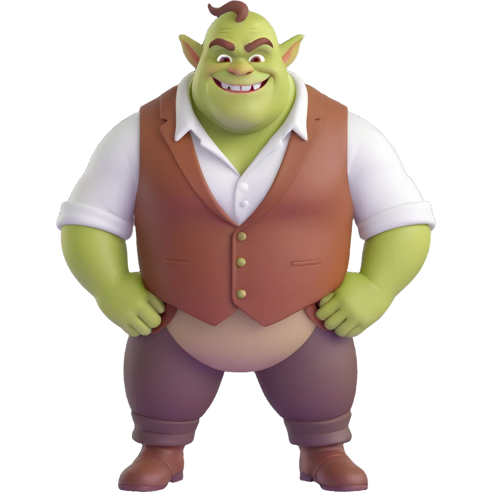Shrek as a 3D character, green ogre, brown vest, white shirt, smiling, standing in a forest emoji