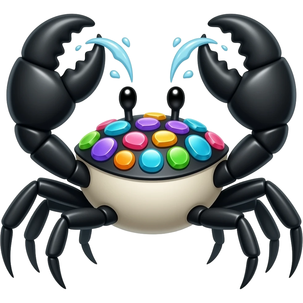 Marinibble A fast and dangerous cool black and white crab-like creature that gathers shiny multicolored stones on its back. It snaps a 4 big strong claws that burst with pressurized water. emoji