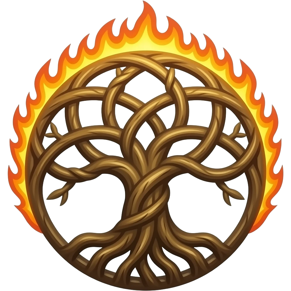 Tree of Life emblem, ancient symbol with surrounding fire blazing up on top half emoji