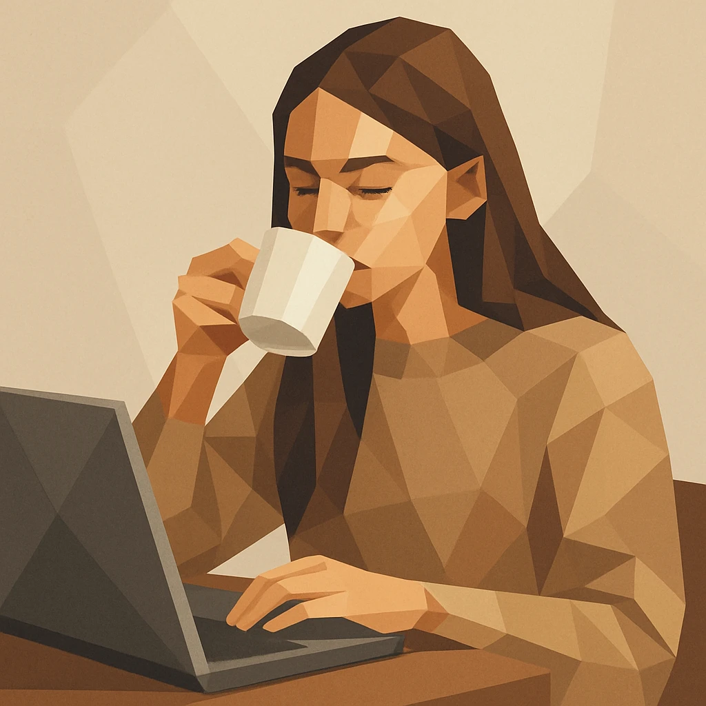 young 20-year-old woman with long straight brown hair, wearing a sweater, drinking coffee and working on a laptop, modern illustration style, simple background emoji