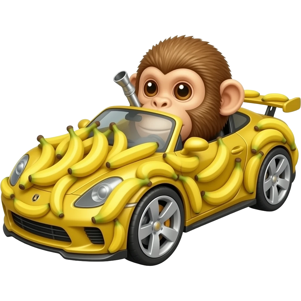 Мавп'яча машинка з тачок, вона спорткар, прикрашена бананами і хутром, ззаду звіст стирчить emoji