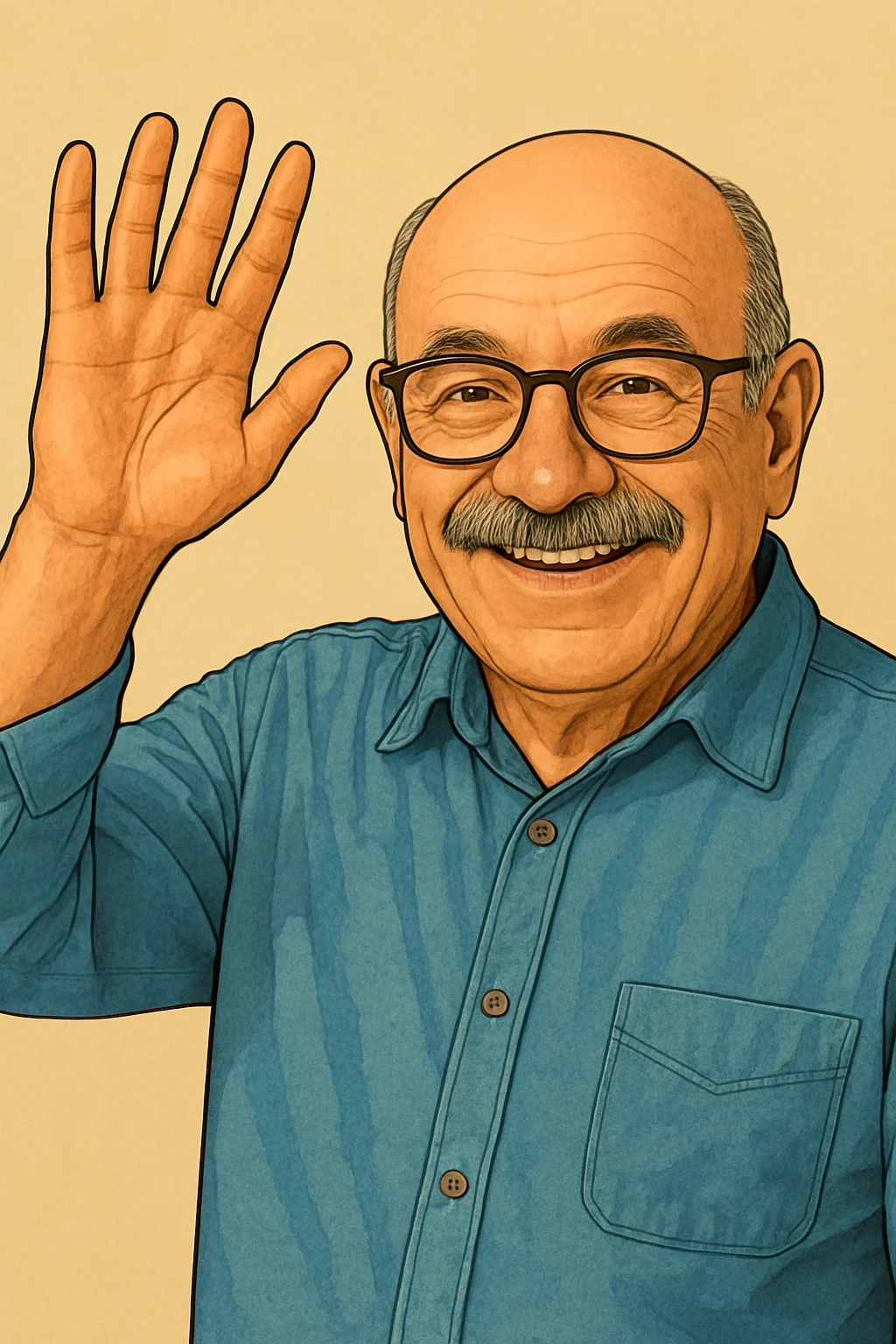 Add glasses to the older bald man with mustache raising his hand, keeping the original style and background as in the reference image. emoji