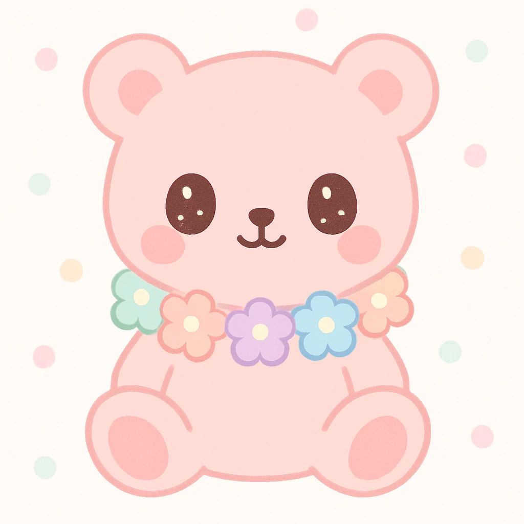 soft pink teddy bear, floral neck pillow with pastel flowers, sitting pose, clean background emoji