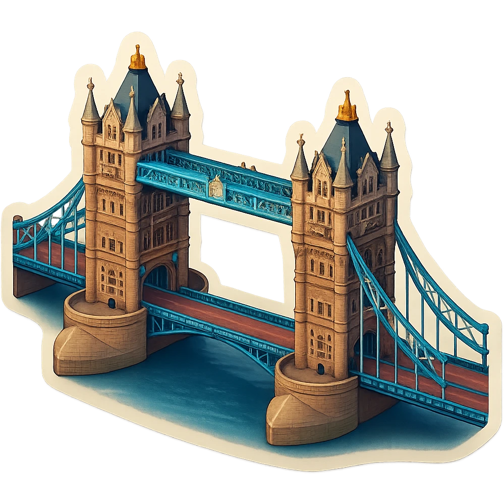 Isometric illustration of photorealistic Tower Bridge in London, detailed towers and suspension sections, subtle brick and metal textures, miniature style with soft shadows, transparent background. emoji