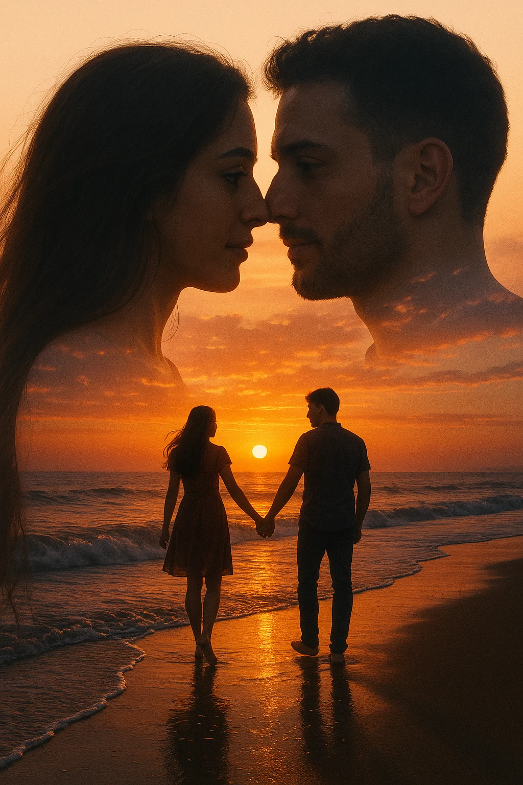Una doppia esposizione cinematografica di noi di profilo, con un paesaggio di spiaggia al tramonto integrato nella silhouette.
La scena interna ci mostra entrambi camminare sulla sabbia bagnata, tenendoci per mano, con le onde del mare che si infrangono è facile e un cielo colorato dagli ultimi raggi di sole. Atmosfera calda e intima, toni dorati arancioni, dettagli fini ed espressivi, risoluzione 8K. emoji