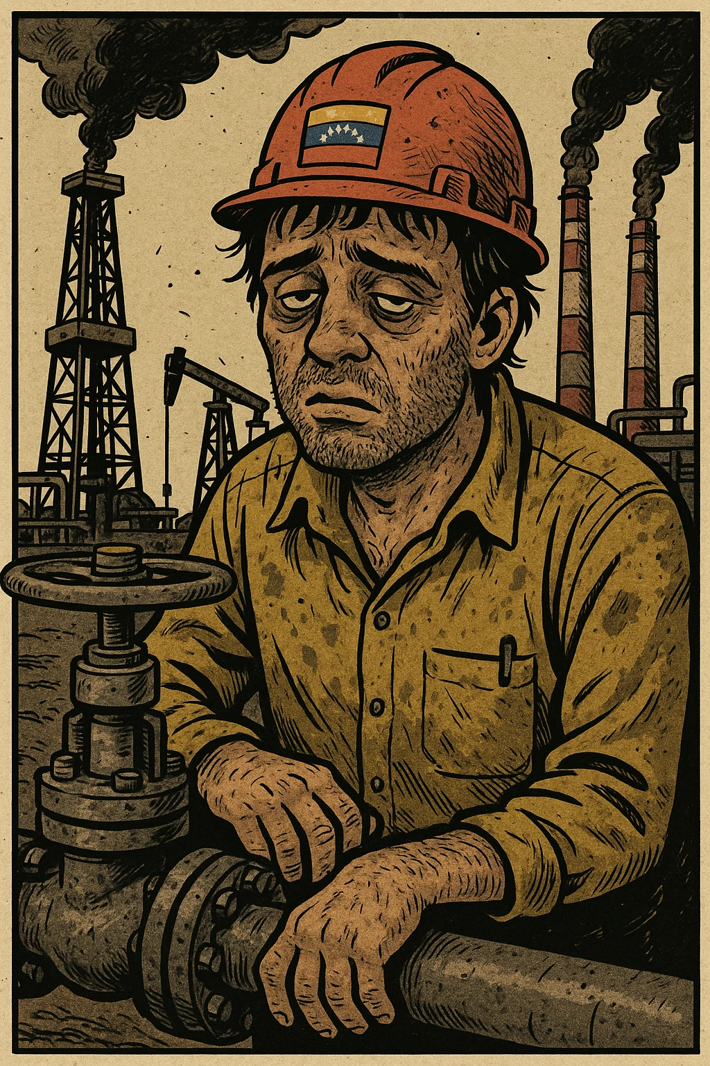 нарисуй в стиле комикса венесуэльского нефтянника на его рабочем месте, который "испортился" - у него щетина некрасивая, лицо помутнённое и несобранное emoji