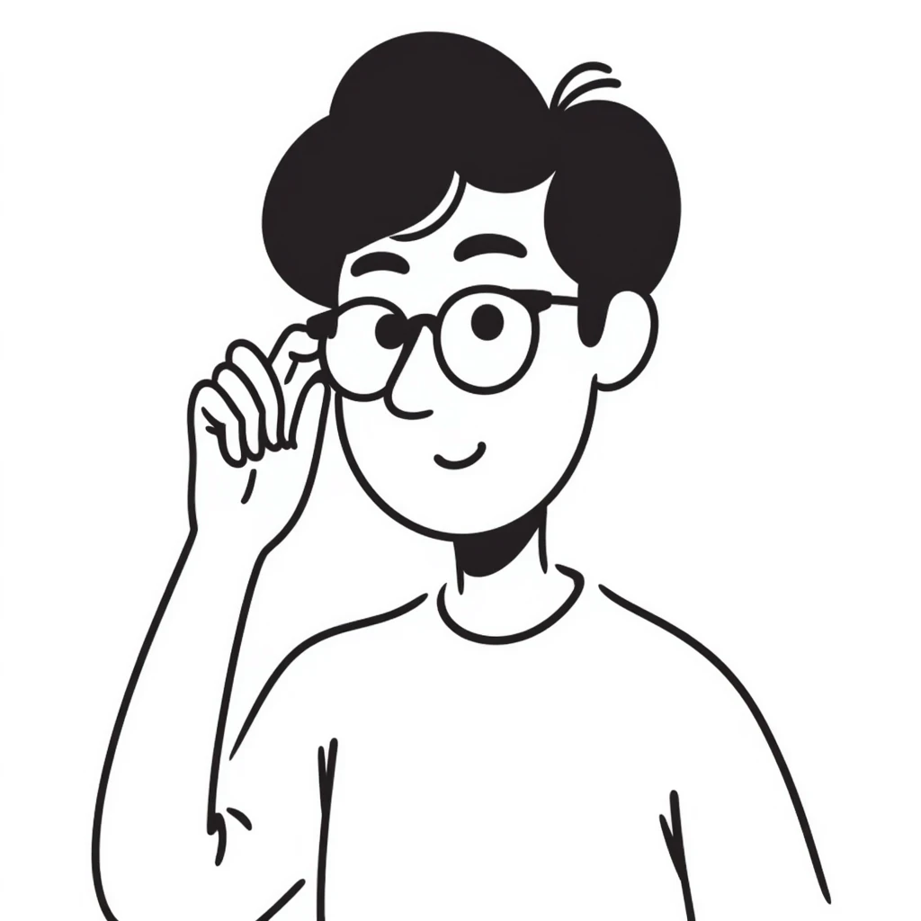 young handsome Asian man with black coffee colored hair, wearing white T-shirt, black framed glasses, holding glasses, very smart, hand drawn doodle style emoji