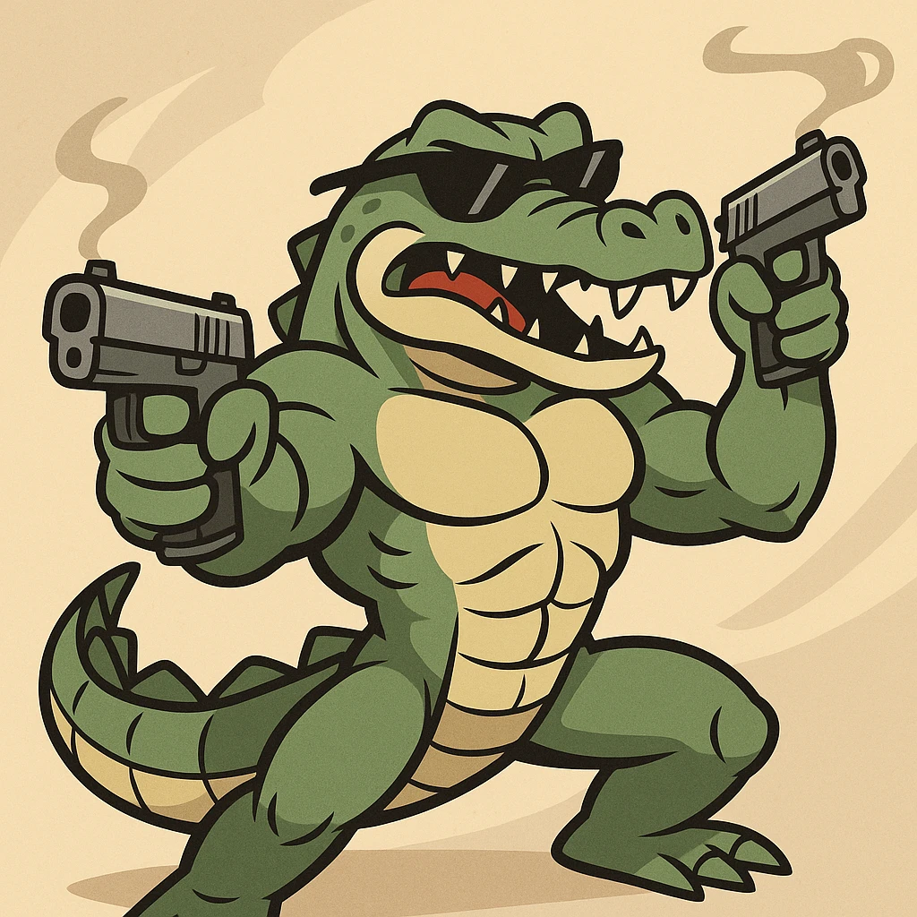 muscular alligator with sunglasses, holding pistols, action style, bold and dynamic emoji
