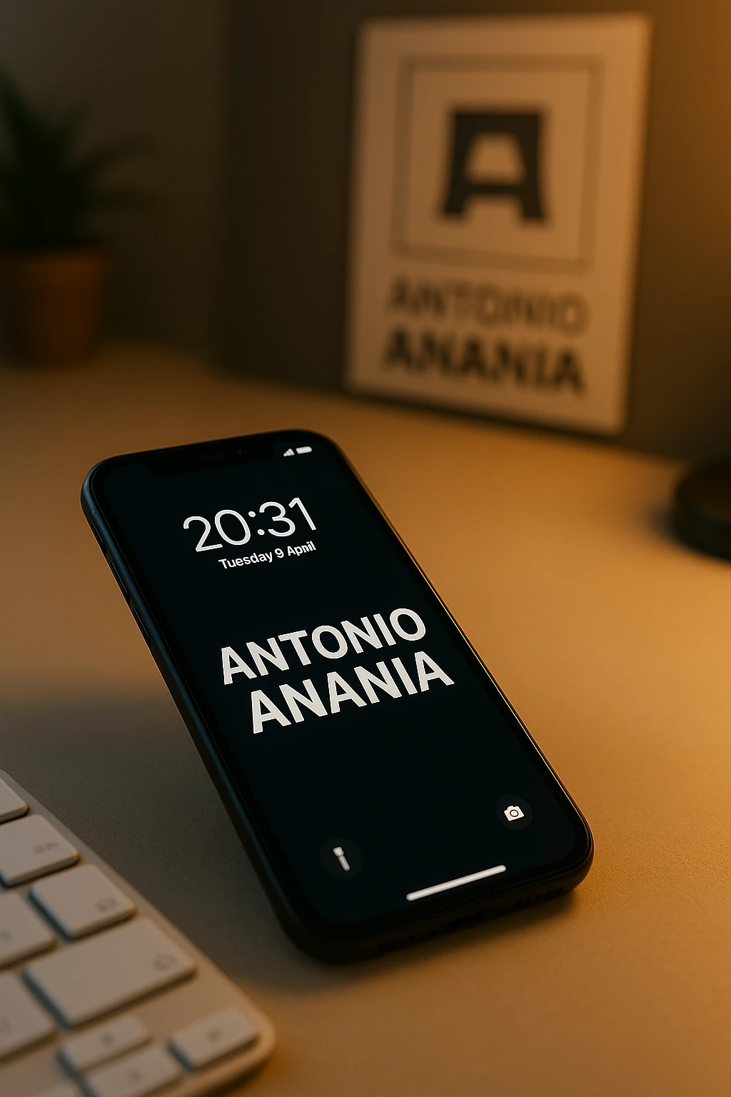 A photo of an iPhone with the message "Antonio Anania" on its screen, The phone sits atop a desk with a blurred background that suggests work environment. A faint glow from above casts gentle shadows across the surface of each object, creating depth and highlighting their textures emoji