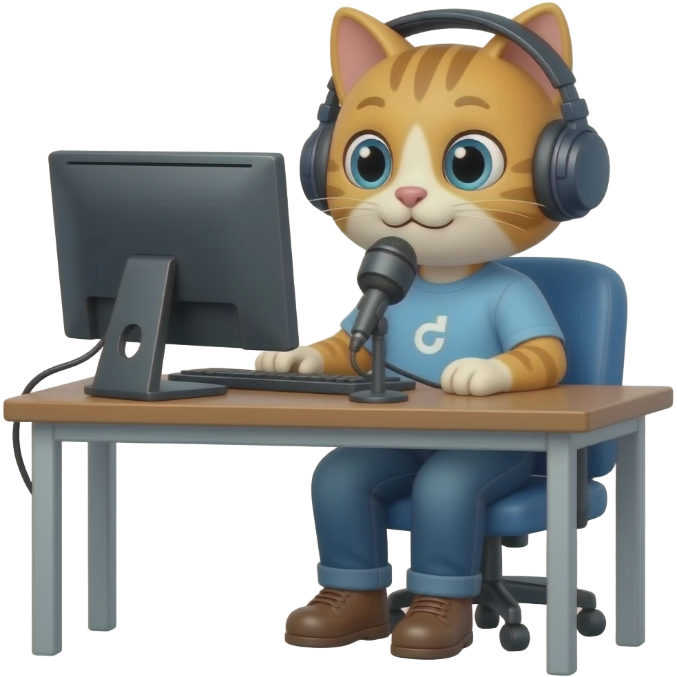 Napster kittyhead logo as the head on a cat podcaster sitting at desk with computer, microphone and headphones emoji