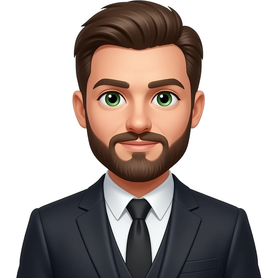 молодой парень с бородой, зеленые глаза в костюме юрист emoji