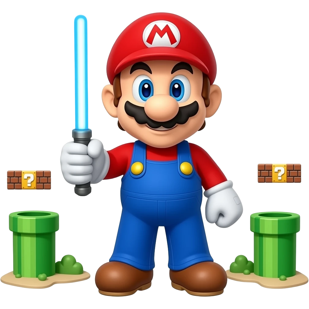 super mario bro  3d with star wars and a ligh saver emoji