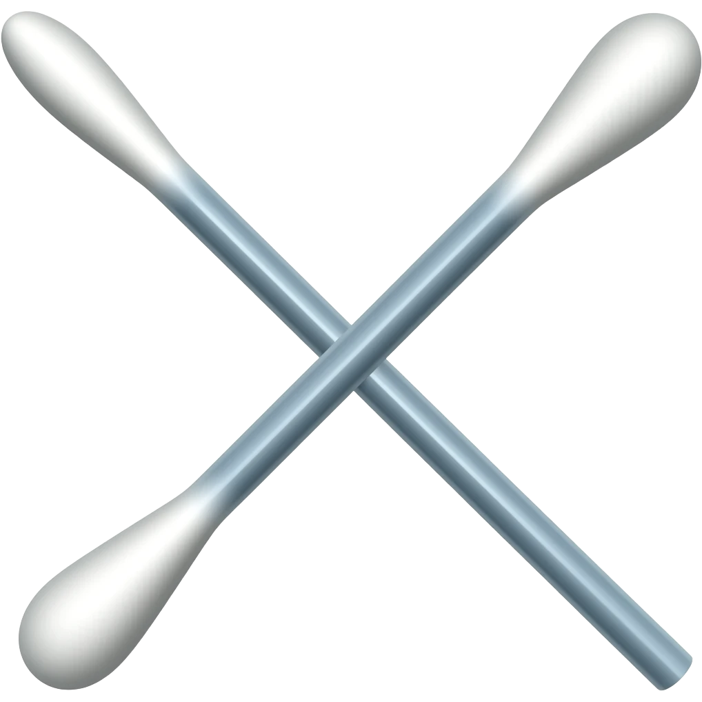 A single cotton swab with two white cotton tips, isolated on a solid white background. High resolution photograph, simple and clean. The cotton swab is intended for cleaning the outer ear canal only, and should not be inserted into the ear canal emoji