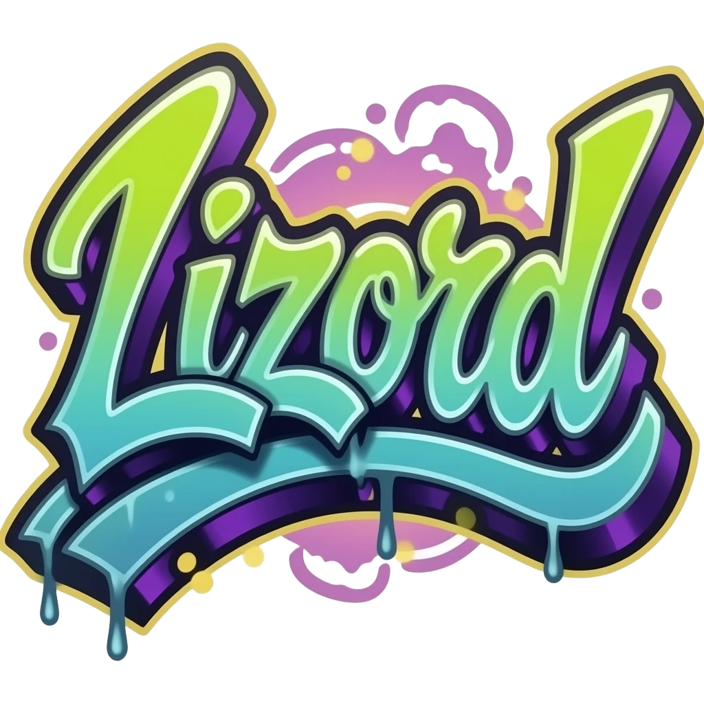Graffity green and purple metálico y 3D al estilo Cyber neon write "Lizord" png background with hrome effect and gyperrealistic emoji