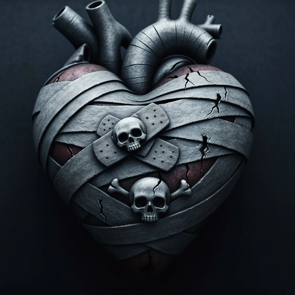 emo heart, bandaged, dark colors, subtle skull or cross motif, emotional expression emoji