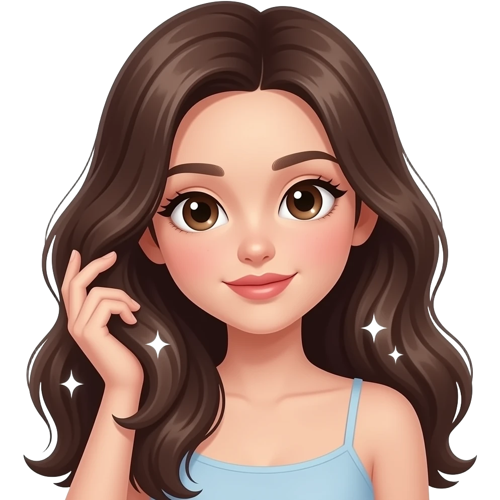 Animated Discord emoji, chibi-style girl with long flowing hair, soft pastel color palette. She gently strokes her hair with a confident, relaxed, slightly sassy expression. Large glossy eyes, soft shading, clean bold outline, highly expressive face. Subtle sparkles twinkle around her. emoji