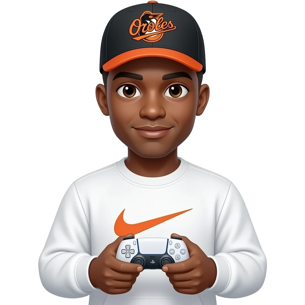 black skinned 22 year old man with a brown low taper fade holding a white ps5 controller in a orioles baseball hat wearing a white nike tech sweatshirt emoji