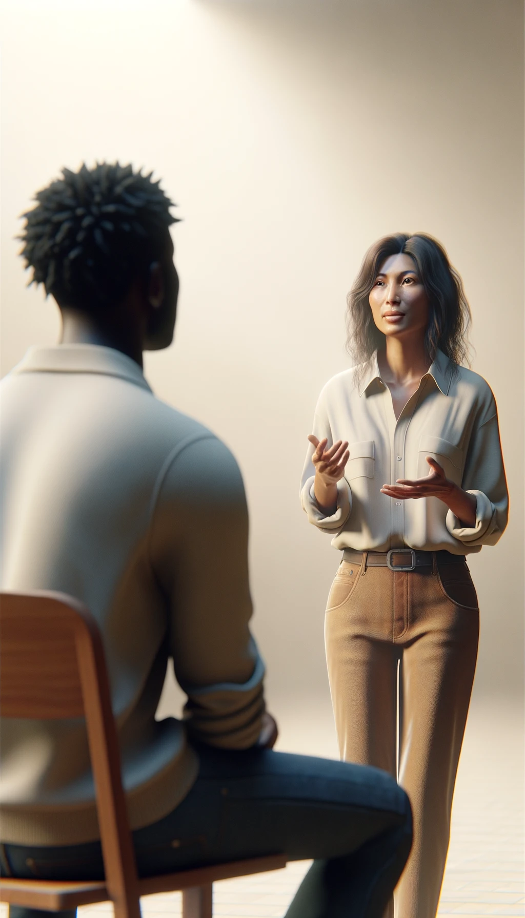 una persona parla e un altra persona di spalle lo ascolta, il significato dell'immagine è che dalle parole si capisce il valore della persona, immagine iperrealistica 4k, sfondo chiaro emoji