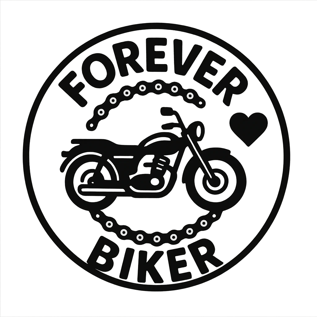 circular transparent background design for motorcycle cap, text 'FOREVER BIKER', motif: chain, motorcycle, heart, friendly style emoji