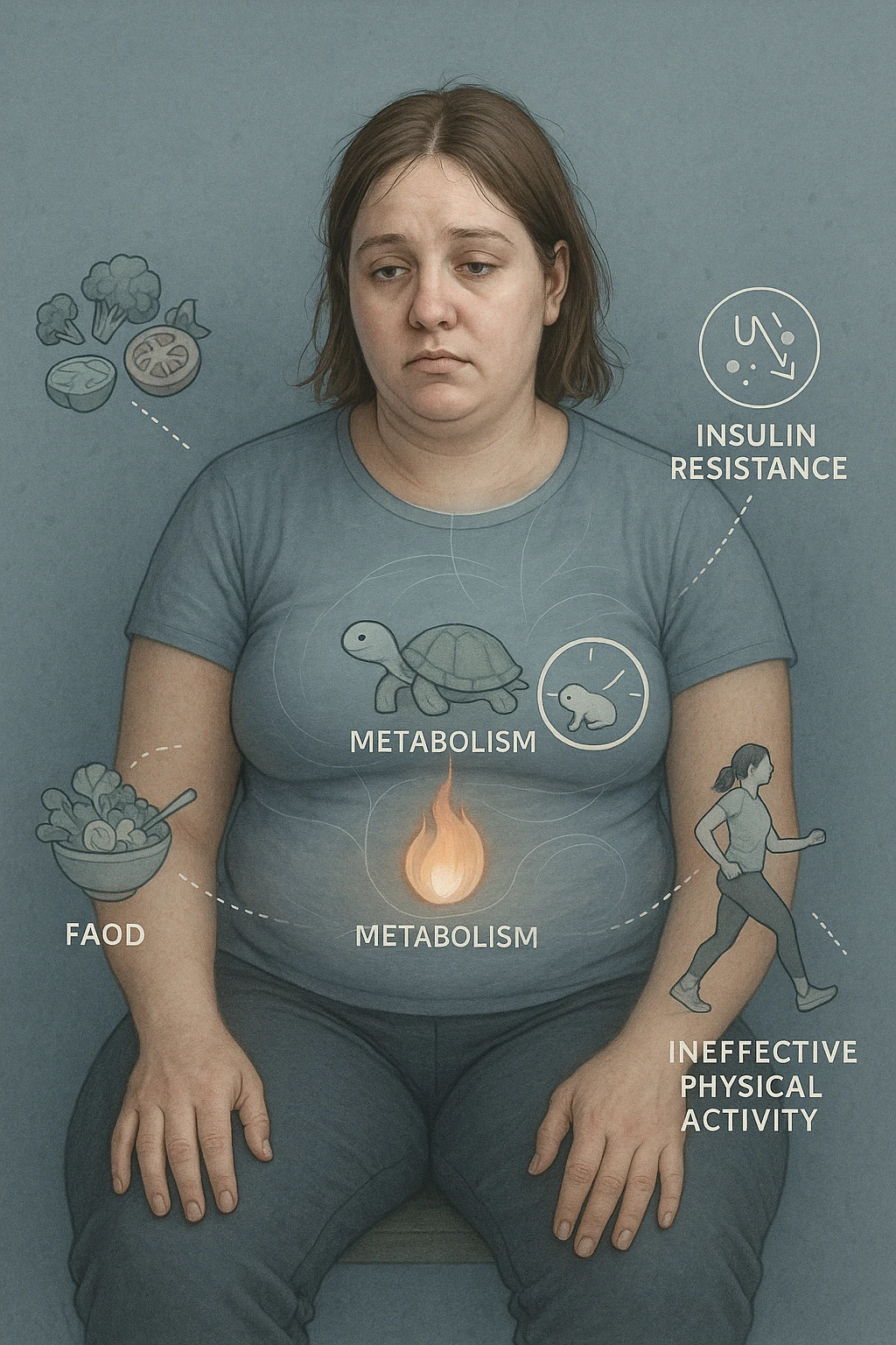 Donna tra i 25 e i 35 anni con fisico leggermente gonfio e postura affaticata, seduta con sguardo stanco. In trasparenza sul suo corpo, si vedono elementi simbolici: una fiamma metabolica molto piccola nel centro dell’addome, una tartaruga accanto a un simbolo di orologio rallentato, indicatori visivi di insulino-resistenza e squilibri ormonali. Intorno a lei: cibo sano non digerito bene, attività fisica poco efficace. Colori spenti attorno al corpo, con toni freddi e lentezza visiva. Stile realistico con elementi infografici e simbolici integrati emoji