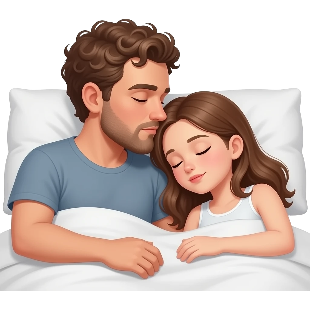 Realistic white man brown super short curly hair with beard long nose bridge kissing while sleeping in bed realistic white girl brown hair emoji