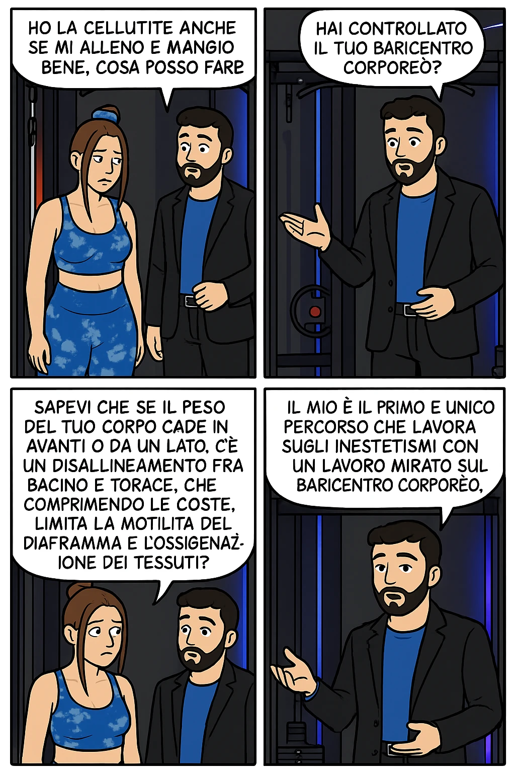 TRASFORMA QUESTO CAROSELLO IN UN FUMETTO CON QUESTE DUE PERSONE IDENTICHE CHE INTERLOQUISCONO TRA LORO:

LEI: Ho la cellulite anche se mi alleno e mangio bene, cosa posso fare?

LUI: Hai controllato il tuo baricentro corporeo?
LUI: Sapevi che se il peso del tuo corpo cade in avanti o da un lato, c’è un disallineamento fra bacino e torace, che comprimendo le coste, limita la motilità del diaframma e l’ossigenazione dei tessuti?
LUI: Il mio è il primo e unico percorso che lavora sugli inestetismi con un lavoro mirato sul baricentro corporeo. emoji